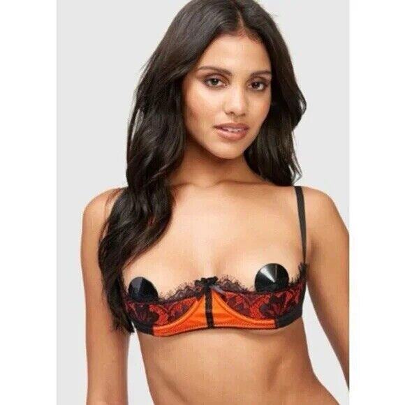 NWT Frederick’s of Hollywood Lux Open Cup Satin Lace Mesh Underwire Bra Size 14 - Picture 1 of 5